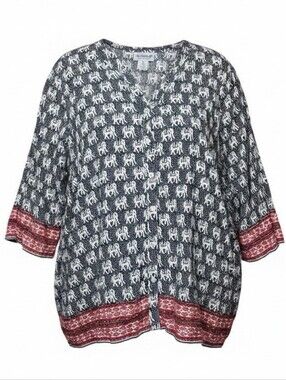 Boho Elephant Print Button-Front Women’s Top in Navy and Red